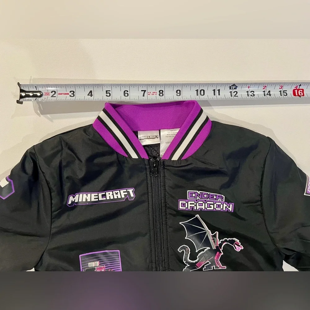 Minecraft Ender Dragon Bomber Jacket Kids Black and Purple Puffer Size 7 Unique - Picture 6 of 12